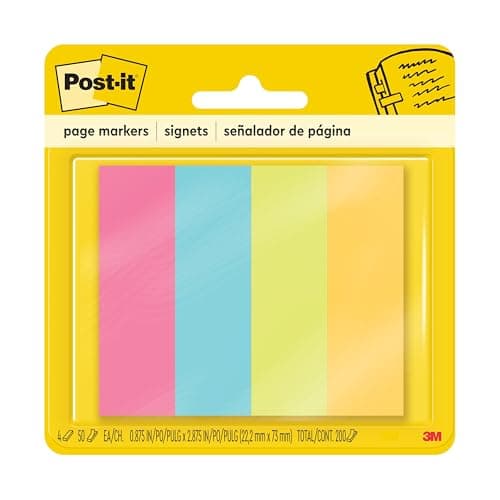 Image of Post-it Page Markers, Assorted Colors, 1 in x 3 in, 50 Sheets/Pad, 4 Pads/Pack (671-4AU)