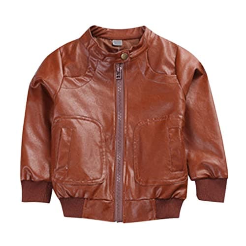 Image of Toddler 2025 New Kids Little Boys Long Sleeve Faux Leather Zip Jacket Spring Lightweight PU Coat for Boys, brown, 9-10 Years