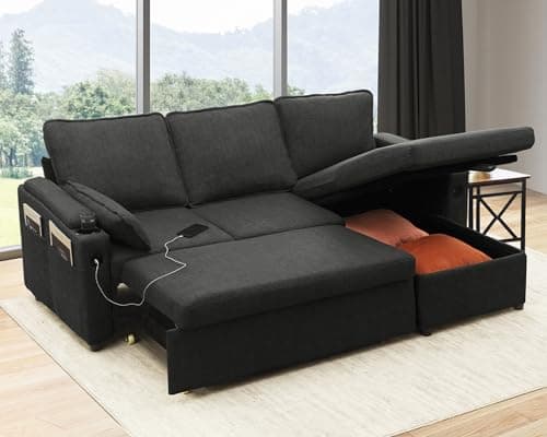 Image of DURASPACE L Shaped Sofa Corner Sofa Bed Convertible Couch Sleeper With Storage,2 USB, Cup Holder,Pull out Sectional Couches For Living Room (Dark Grey)