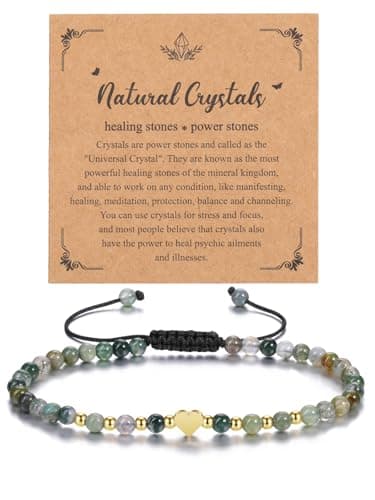 Image of CrystalTears Moss Agate Crystal Bracelet for Women 4mm Healing Gemstone Beaded Bracelet with Gold Heart Charm Stone Bracelet Jewellry Gifts for Women Girlfriend Mum Birthday Valentine’s Day