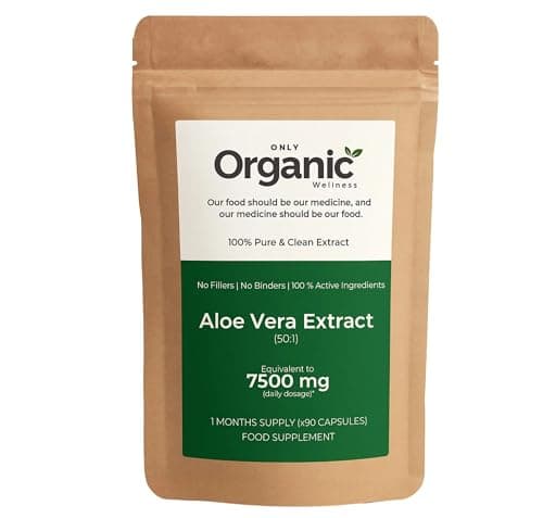 Image of Only Organic Wellness Aloe Vera Extract 7500mg (50:1) - 90 Vegan Capsules (1 Month Supply) - Resealable and Recyclable Pouch - High Strength Aloe Vera Capsules