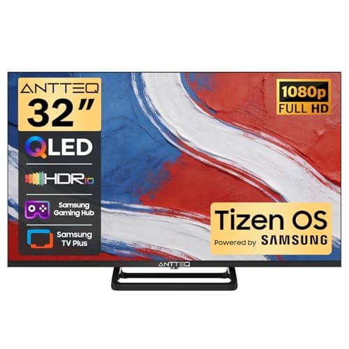 Image of Antteq 32 inch Smart TV, FHD QLED TV Central Stand Design Tizen OS Television with AppleTV+ Netflix Freeview Gaming Hub, MEMC HDR10 Ideal Large Screen for Living Room, Made in the UK