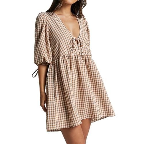 Image of Feclmiyt Women's Gingham Puff Sleeve Mini Dress V Neck Tie Front Plaid Loose Dress Summer Flowy Babydoll Dresses Streetwear (A-White, S)