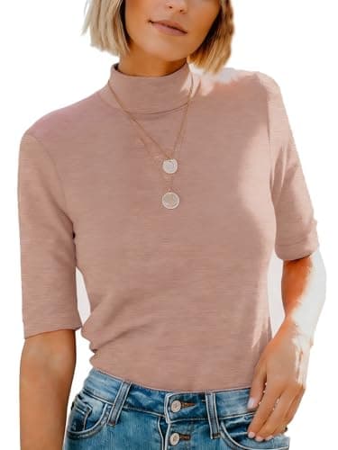 Image of Dressmine 3/4 Sleeve Tops for Women UK Work Off Office Wear Mock Turtle Neck Slim Fitted Tshirt Summer Plain Clothing Orange Size 14
