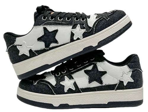 Image of ​Women's Y2K Star Shoes，Chunky Platform Walking Sneakers for Casual Sports, Cute Lace-Up Comfort Design UK 4-6.5 Black