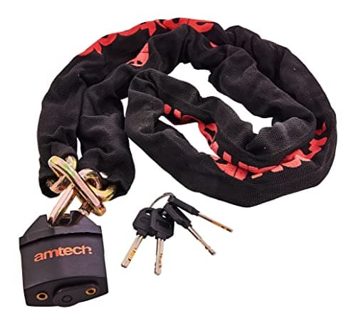 Image of Amtech 72" Sleeved Chain Lock, 9 mm Square Links with 65 mm Weather-Resistant Padlock and 4 Keys, Ideal for Bikes and Motorbikes