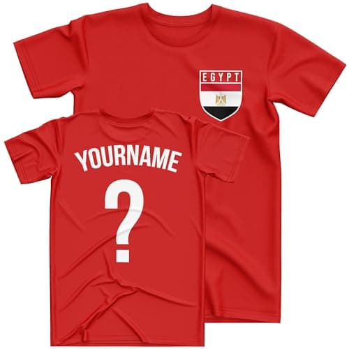 Image of Personalised Egypt Kids T Shirt Custom Name and Number Football Africa Badge Nation Supporters Soccer Boy Girl Tee, 7-8 Years, Red