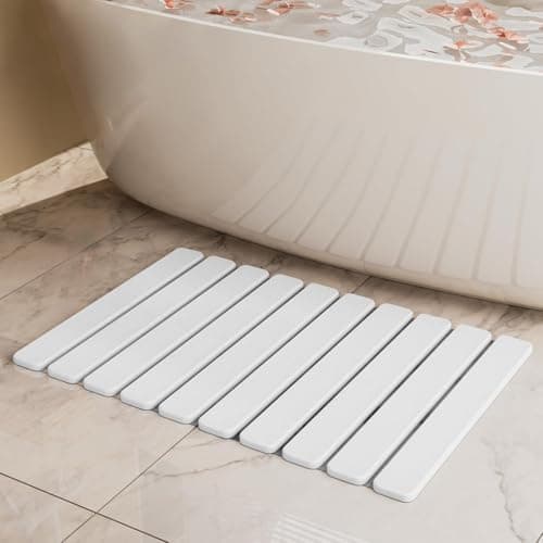 Image of DAWNTREES Stone Bath Mat, Diatomaceous Earth Shower Mat, Ultra Absorbent, Fast Drying, Non-Slip Bathroom Floor Mat for Kitchen & Bath - Foldable Stone Bath Mat - 60x39 cm (White)