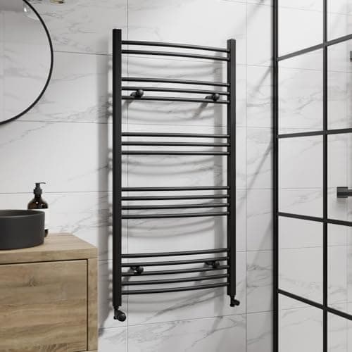 Image of DuraTherm® 1200 x 600mm Curved Heated Towel Rail Radiator Modern Central Heating Bathroom Warmer Wall Mounted Ladder Rad, Matt Black