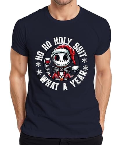 Image of Ho Ho Holy Skeleton Christmas Wine Funny Retro Men's T-Shirt, navy, XL