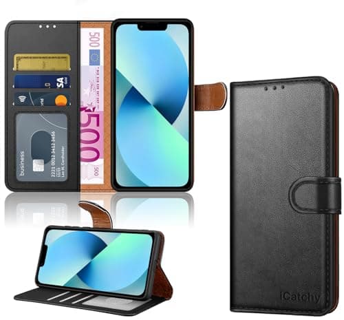 Image of iCatchy for iPhone 13 Case, Premium Leather Wallet Case with [Card Holder] and [Kickstand], Magnetic Flip Protective Phone Case Cover for iPhone 13 (6.1-Inch) - Black