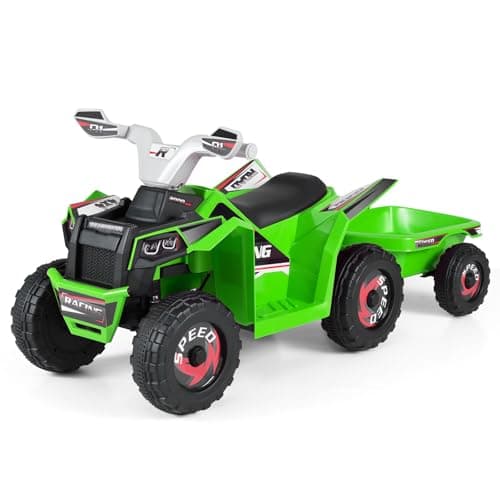 Image of Maxmass 6V Kids Electric Ride on Car, Battery Powered Ride on ATV Electric Vehicle with Removable Trailer, Forward/Backward/Reverse Button, 4 Wheels Children Toy Car Quad Bike for 3+ Years Old (Green)