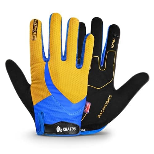 Image of Kratos Cycling Gloves for Men and Women, Shock Absorbing Gel Padded Mountain Bike Gloves - Anti Slip & Breathable MTB Gloves with Adjustable Hook and Loop Fastening (Yellow (Full Finger), L)