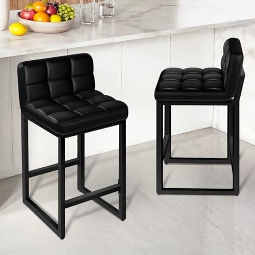 Image of ALFORDSON 65CM Bar Stools Set of 2, Durable Metal Frame Bar Chairs with Faux Leather Padded Seat, Low Back Counter Height Barstools with Footrest for Kitchen Island, Home Bar & Restaurant, Black