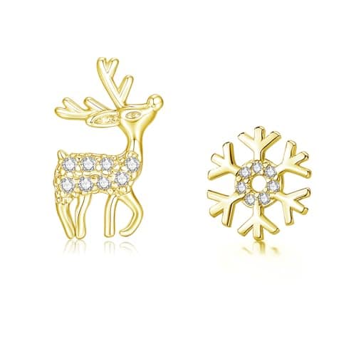 Image of Loutade Gold Christmas Stud Earrings for Women Girls, 925 Sterling Silver Xmas Deer & Snowflake Stud Earrings with 5A Zircon, Small Cute Cartilage Sleeper Silver Christmas Earrings Ear Studs Gifts
