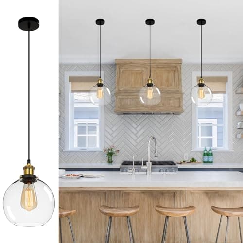 Image of FORCOSO 3PCS Vintage Glass Pendant Light, Industrial Ceiling Pendant Lights with Clear Glass Globe Shade, Adjustable Pendant Lighting for Kitchen Island Dining Table Hallway Entryway(ø20CM)