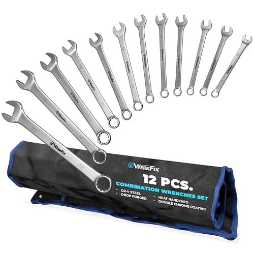 Image of S&R WerkFix Combination Spanner Set 12 pcs 6–22 mm – Metric Spanner Set in Roll Bag | Cr-V Steel, Laser-Marked, Matt Finish | 15° Offset Ring | Spanners & Wrenches