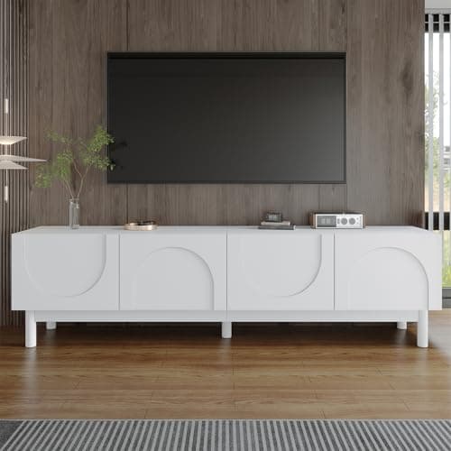 Image of Merax TV Unit Cabinet,Entertainment with Wave-curved Door Storage,Sturdy Wooden TV Console for Living Room,Media Furniture for Organized Space - White - 169 * 34 * 45.5CM