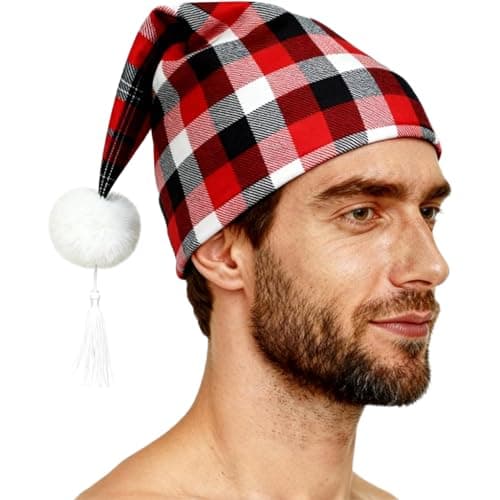 Image of Aislor Men's Night Cap Adjustable Plaid Sleeping Caps Pajama Hat with Pom Ball for Christmas Daily Use Red Black White One Size