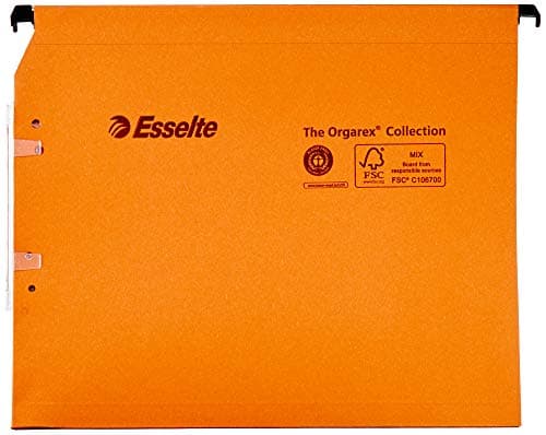 Image of Esselte Dual Lateral Suspension Files, A4, 15mm Capacity, Pack of 25 Connectable Files, Tabs Included, Orange, Orgarex Range, 21628