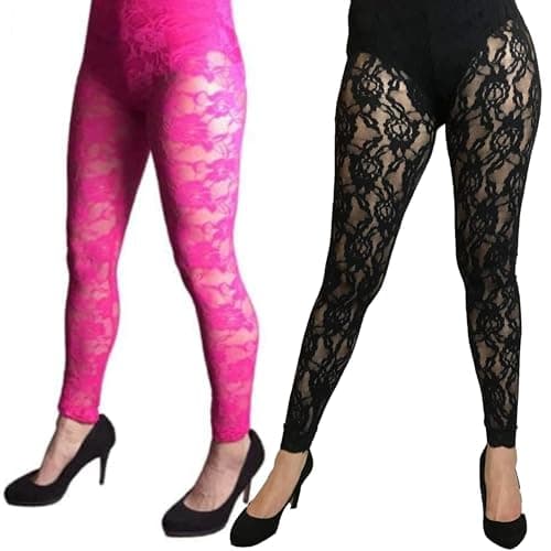 Image of SoWest Women’s 80s Pink Lace Leggings – Neon Footless Flower Patterned Tights for 1980s Fancy Dress for Disco Parties | Ladies Fashion Party Accessories Retro Outfits - L-XL