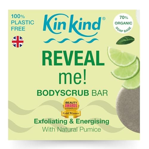 Image of KinKind REVEAL me! Exfoliating Body Scrub Bar. Ideal Foot Scrub with Natural Pumice Stone for feet. Exfoliate to reveal fresh, new skin. No mess. Zesty Lime & Black Pepper. Vegan. UK made