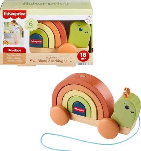 Image of Fisher-Price Toddler Toy Tiny Garden Wooden Pull-Along Stacking Snail with 6 Wood Pieces for Developmental Play Preschool Kids Ages 18+ Months