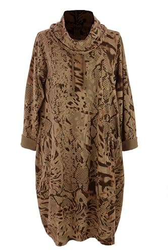 Image of Ladies Women Italian Lagenlook Abstract Leopard Print Long Sleeve Cowl Neck Pocket Cotton Jersey Midi Dress One Size (UK, Alpha, One Size, Regular, Regular, Camel)