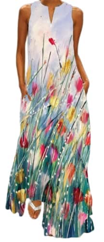 Image of Ocean Plus Women's Long Skirt Vintage Print Dress with V-Neck Sleeveless Pocket Summer Dress (S, Flower Painting)