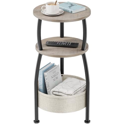 Image of Yuede Round Side Table, 3 Tier Bedside Table, Small End Table with Fabric Basket, Coffee Table for Living Room, Bed Room, Small Space, Easy Assembly (Gray)