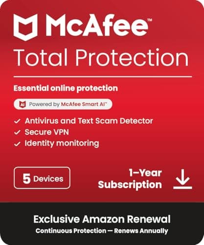 Image of McAfee Total Protection 5-Devices 2026 | Amazon Exclusive|12 -Months| Antivirus, VPN, Scam Protection, Identity Monitoring | Annual auto-renewing Amazon subscription