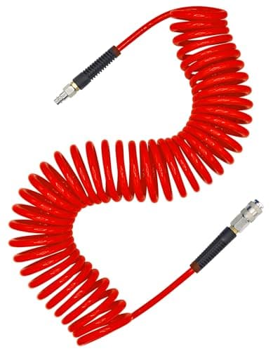 Image of YOTOO Air Compressor Hose, Polyurethane Recoil Air Hose 10m Long 6mm ID x 9.5mm OD 450 PSI with Bend Restrictor, 1/4" Europe Quick Coupler and Plug, Red