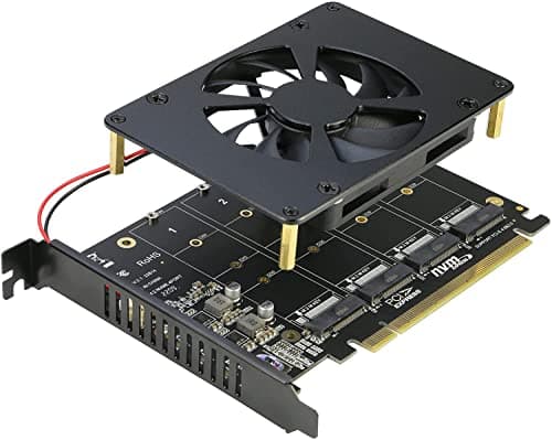 Image of Quad NVMe PCIe Adapter, RIITOP 4 Ports M.2 NVMe SSD to PCI-e 4.0/3.0 x16 Card with Fan Support 2280/2260/2242/2230 NVMe SSD (PCI-e Bifurcation Required)