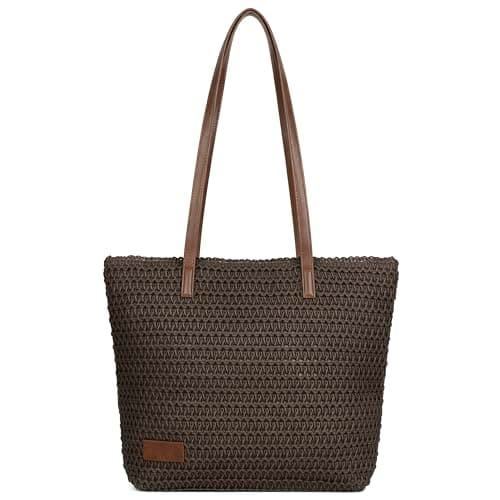 Image of Woodland Leathers Women's Straw Shoulder Bag, Medium & Large Summer Beach Tote with Zipper, Durable Leather Handles, Women Holiday Shoulder Bag with Versatile Styles and Colours (Brown)