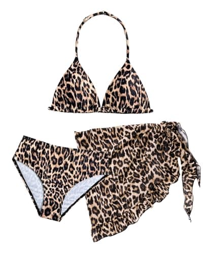 Image of Happy Cherry Girls' Bikini Sets Fashion Leopard Print Swimsuit with Chest Pad Backless Halter Neck Triangle Swimming Set with Beach Skirt 12 Years Multicoloured