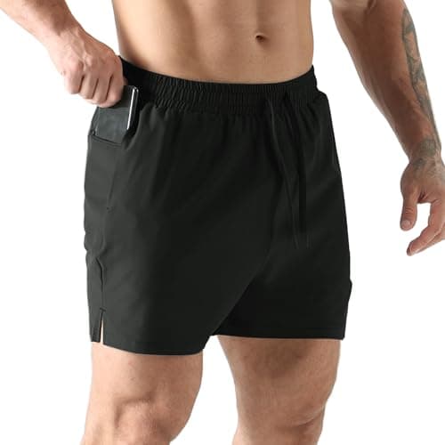 Image of Jupmov Men's Gym Running Shorts with Zipper Pocket 5 Inch Lightweight Stretch Athletic Workout Shorts(Black,XL)