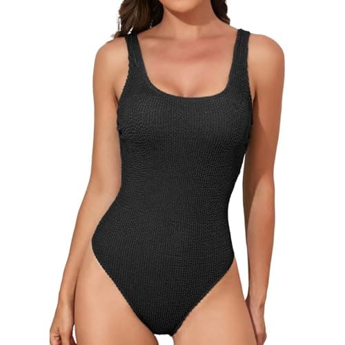 Image of Fjquamitix Swimming Costume Women Ribbed One Piece Swimsuit Monokini Tummy Control Swimwear with Removable Foam Cups Push Up U-Neck Back Ladies Swimwear (UK, Alpha, S, Regular, Regular, Black)