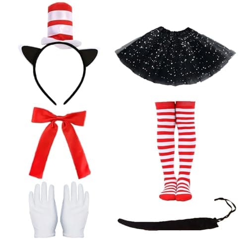 Image of Aleshime Cat in the Hat Costume Accessories, Top Hat Headband, Bow Tie, Tutu Skirt, Striped Tights, Black Tail, School Book Week World Book Day Fancy Dress Kids Girls