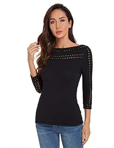 Image of AmélieBoutik Women Boatneck Eyelet Trim 3/4 Sleeve Knit Top Jumper (Black Medium 12)