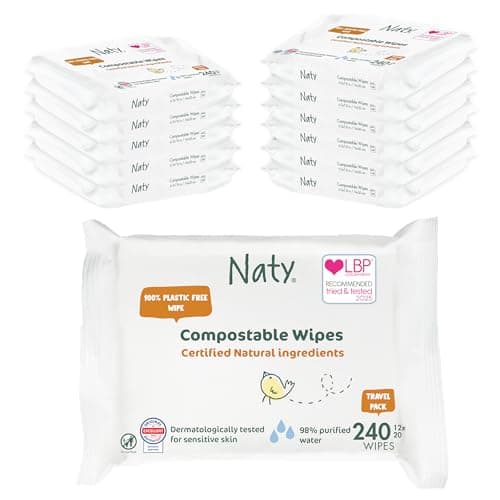 Image of Naty Baby Wipes | 98% Water & Natural for Sensitive Skin | Unscented, Plant-Based, Fragrance-Free | Plastic-Free & Compostable | Newborn & Toddler Gentle Wet Wipes | 240 Count (12 Packs)