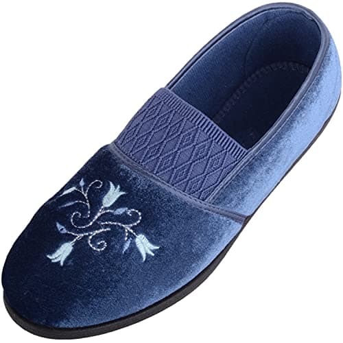 Image of ABSOLUTE FOOTWEAR Womens Slip On Velour EE Fit Slippers with Elasticated Front and Contrasting Flower Design - Blueberry - UK 5 / EU 38