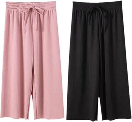 Image of AOOPOO 2 Pack Summer Girls Wide Leg Pants Elastic High Waisted Casual Trousers, Children's Culotte Girls Summer Casual Jogging Bottoms Loose Trousers Stretchy Palazzo Pants Bottoms for Girl 2-13 Years