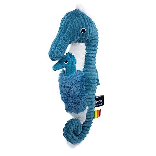 Image of Les Deglingos Ptipotos Seahorse Dad and Baby Plush Corduroy Toy, Blue,8 x 5 x 34 cm