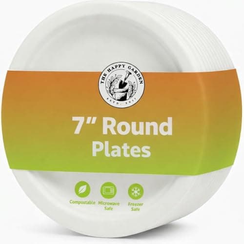 Image of The Happy Garden Bagasse Plates, 7 Inch Round (Pack of 50) - Heavy Duty Disposable Plate, Eco Friendly Sugarcane Dishes, Compostable Party Plates, Microwave & Freezer Safe