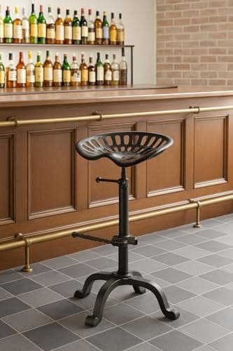 Image of HomeZone 50-65cm Brown Cast Iron Bar Stool - Vintage Industrial Rustic Swivel Tractor Seat - Cast Iron Metal Barstool Adjustable Height - Vintage Bar Pub Seating for Home, Kitchen, Outdoor, Decking