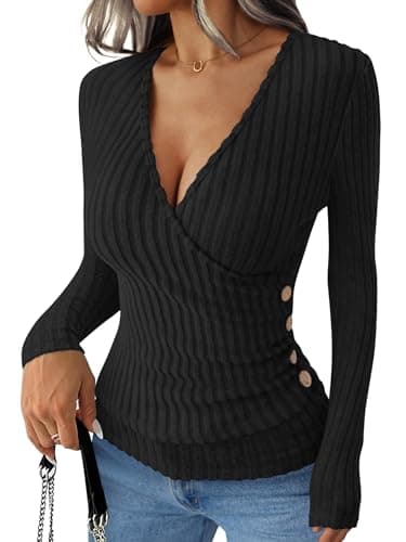 Image of Awinclo Womens and Sweaters Ladies Long Sleeve Slim Fit Blouses Wrap Tops Casual Loose V Neck Jumper Plain Sweatshirts Black Small