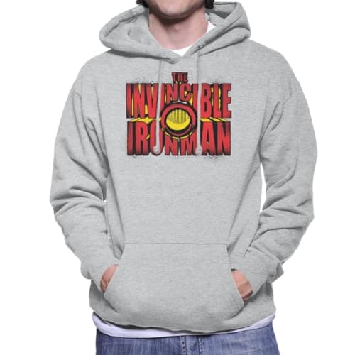 Image of All+Every Marvel The Invincible Iron Man Chest Piece Text Men's Hooded Sweatshirt Heather Grey