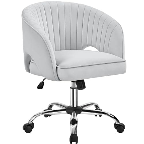 Image of Yaheetech Velvet Desk Chair, Makeup Vanity Chair with Tufted Barrel Back Adjustable Velvet Accent Armchair Swivel Office Chair for Home Office Light Gray