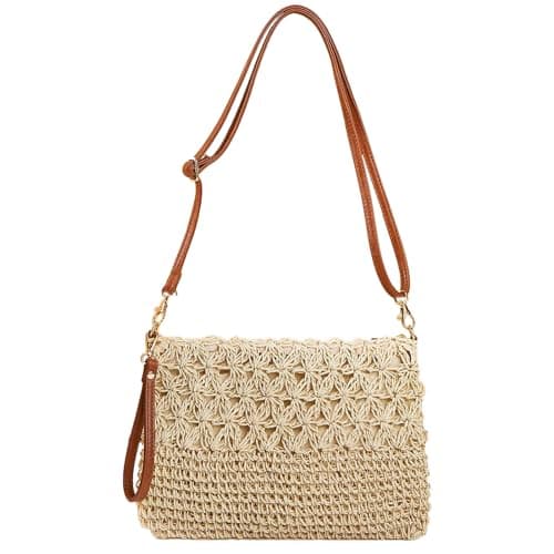 Image of YYW Straw Bag for Women Weave Handmade Crossbody Bag with Zipper, Bohemian Woven Purse for Summer 2026 Travel Vacation Daily Use Off White