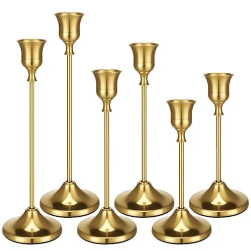 Image of 6 Pcs Candle Holders Candlestick, Metal Candle Stand Holder Retro Pillar Candle Holder for Home Party Living Room, Wedding Thanksgiving Christmas Advent Dinning Table Mantel Decoration(Brass Gold)